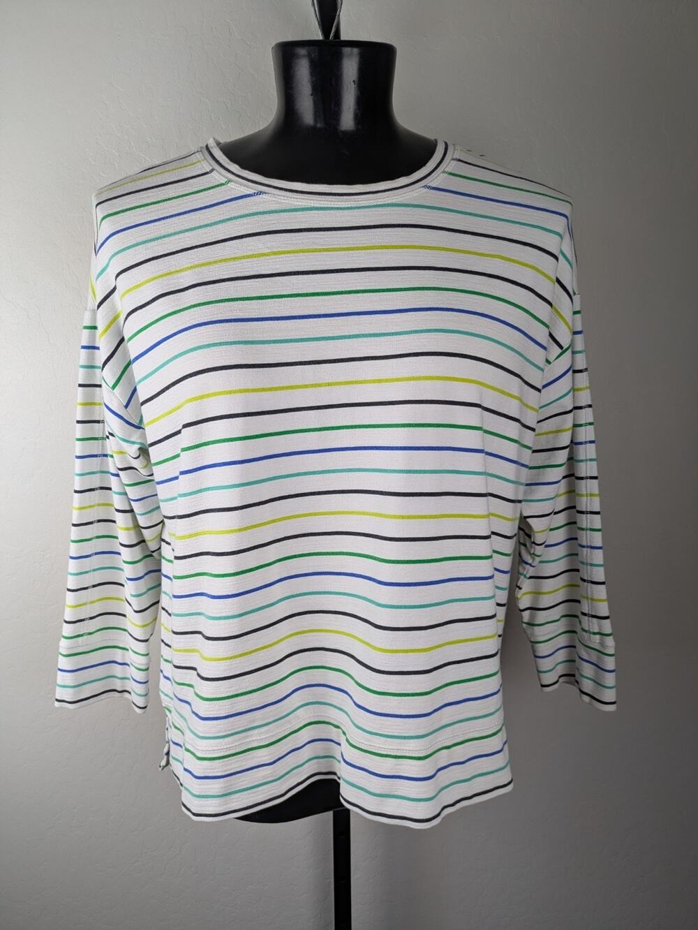 T By Talbots UPF 50+ Striped 3/4 Sleeve Top Cotton Modal white blue green